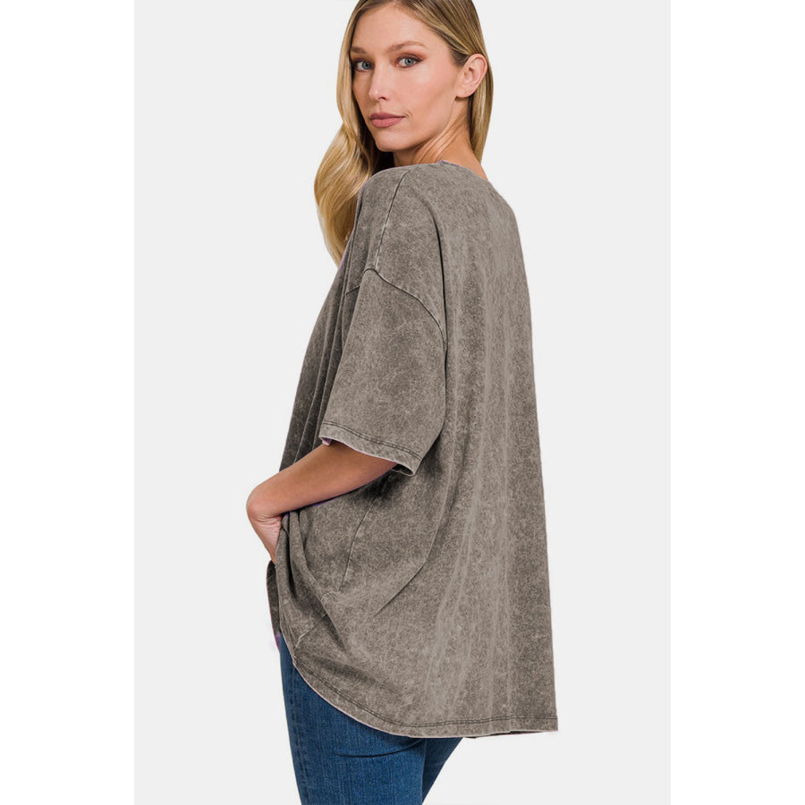 Zenana Washed Round Neck Drop Shoulder Oversized T - Shirt Ash Black / S/M Apparel and Accessories