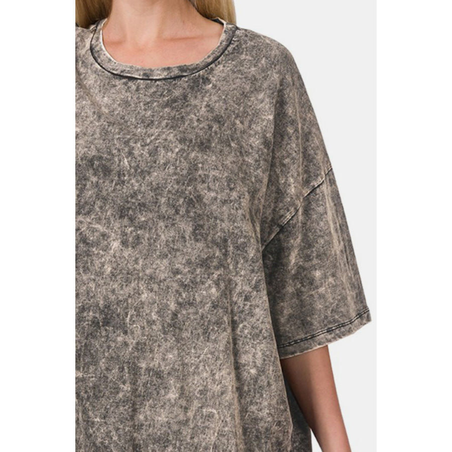 Zenana Washed Round Neck Drop Shoulder Oversized T - Shirt Apparel and Accessories