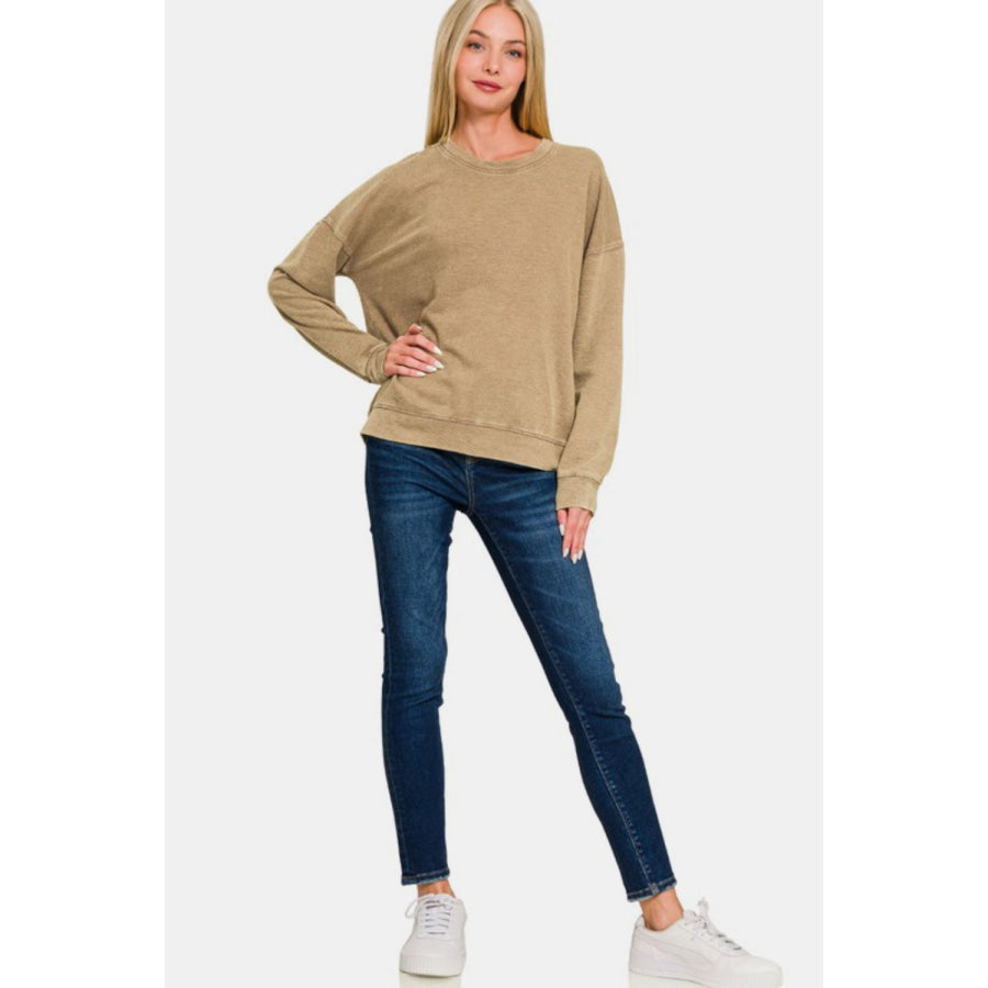 Zenana Washed Round Neck Dropped Shoulder Sweatshirt Apparel and Accessories