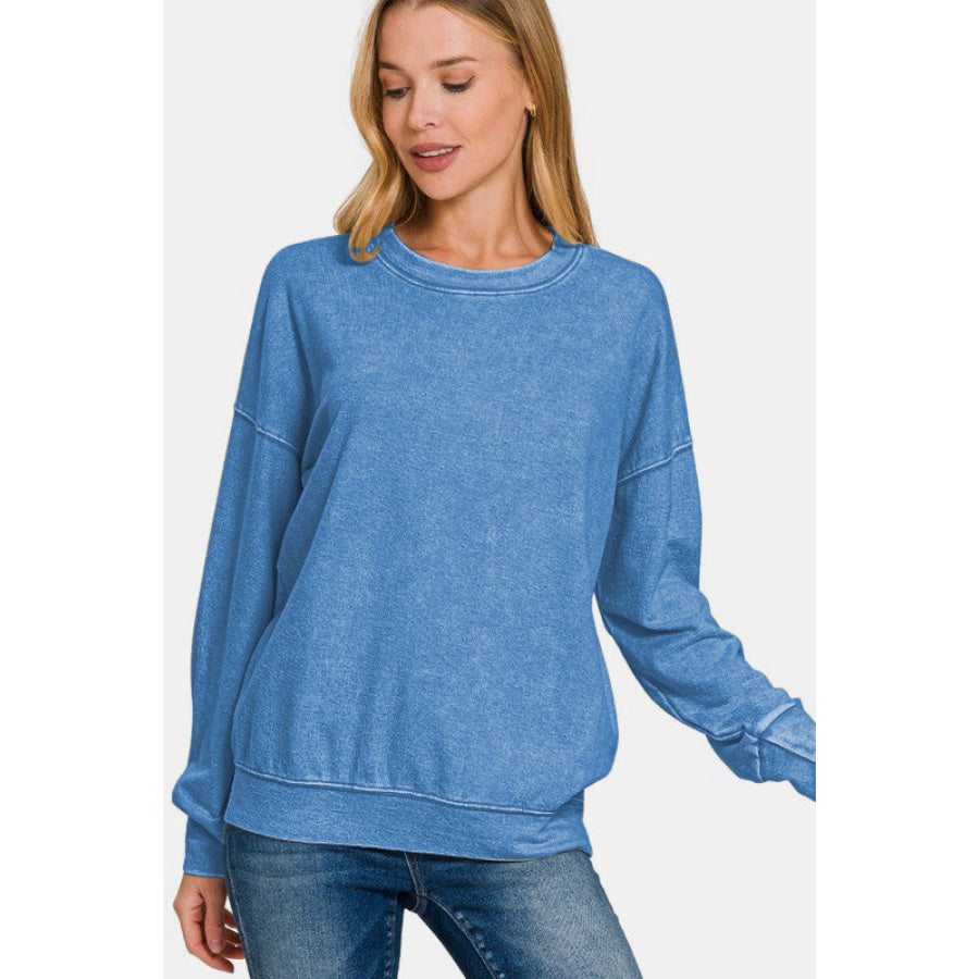 Zenana Washed Round Neck Dropped Shoulder Sweatshirt Apparel and Accessories