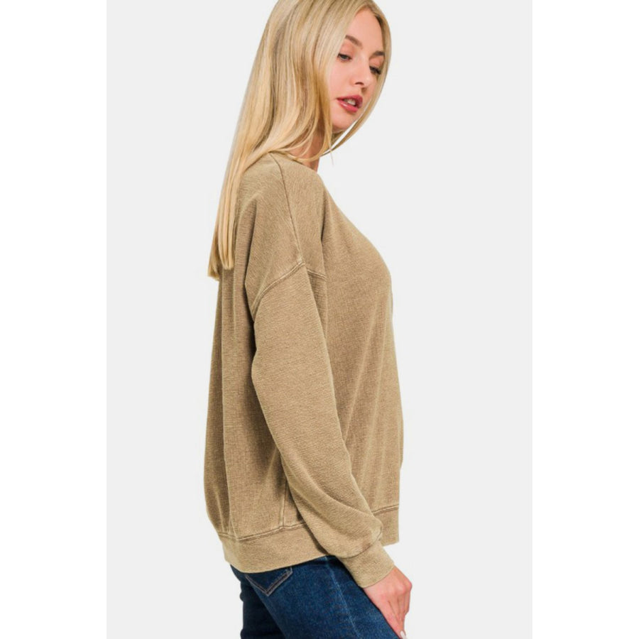 Zenana Washed Round Neck Dropped Shoulder Sweatshirt Apparel and Accessories