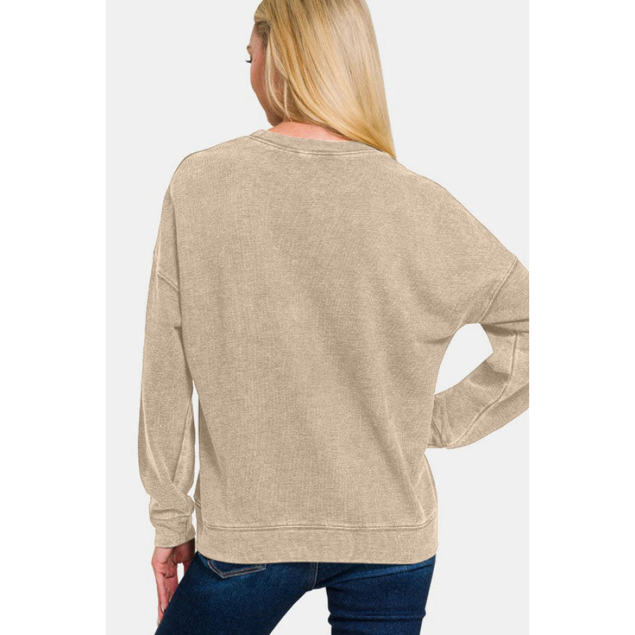 Zenana Washed Round Neck Dropped Shoulder Sweatshirt Apparel and Accessories