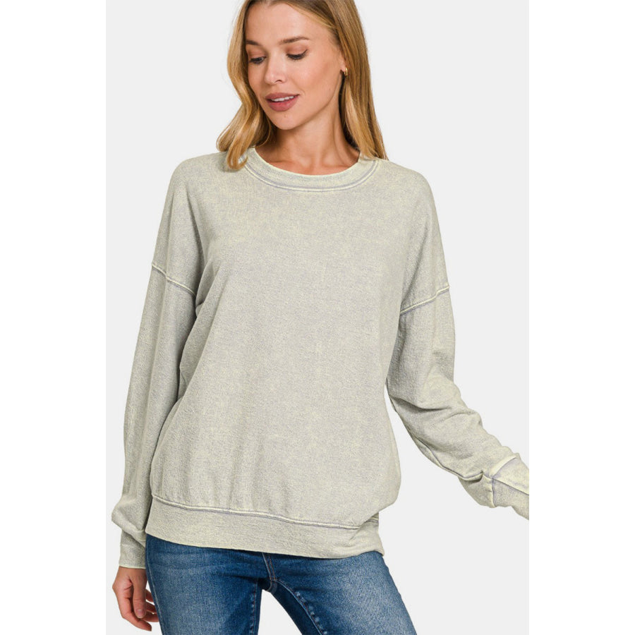 Zenana Washed Round Neck Dropped Shoulder Sweatshirt Apparel and Accessories