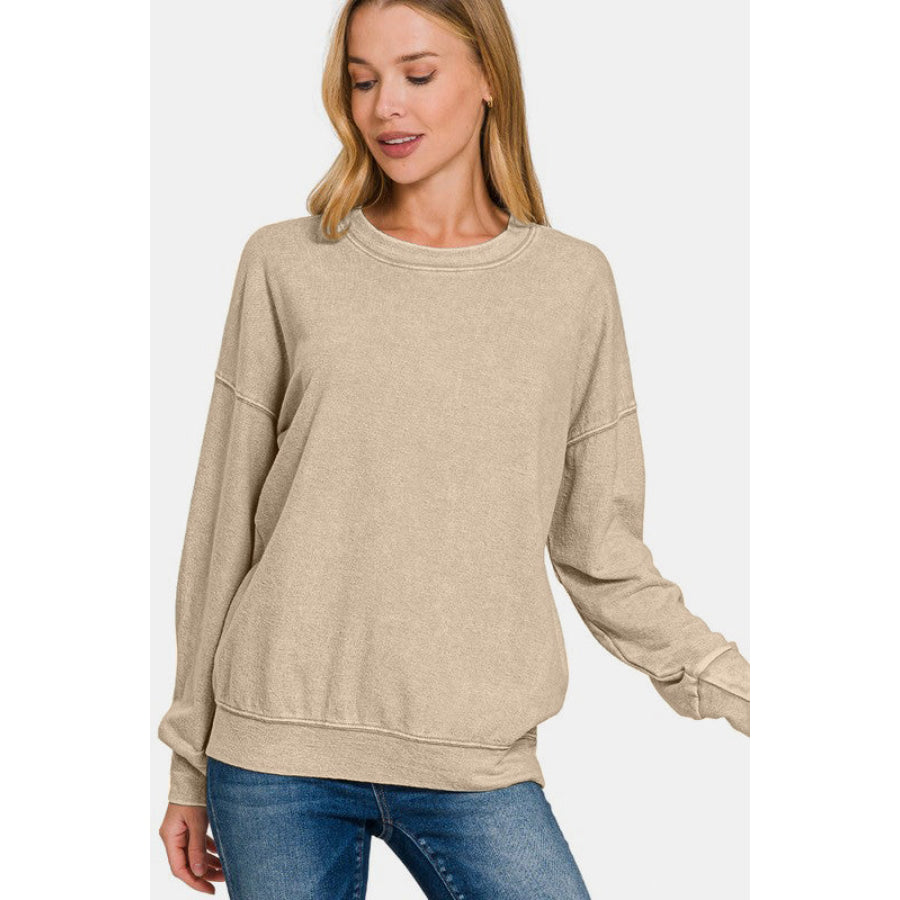 Zenana Washed Round Neck Dropped Shoulder Sweatshirt Apparel and Accessories