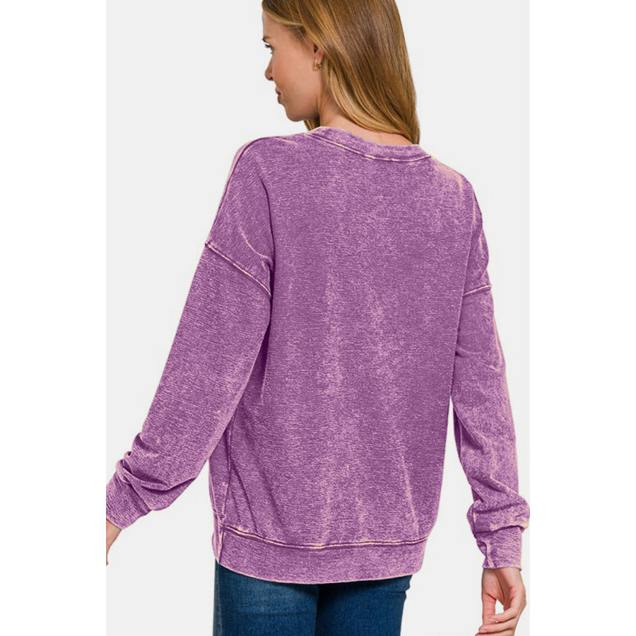 Zenana Washed Round Neck Dropped Shoulder Sweatshirt Violet / S Apparel and Accessories