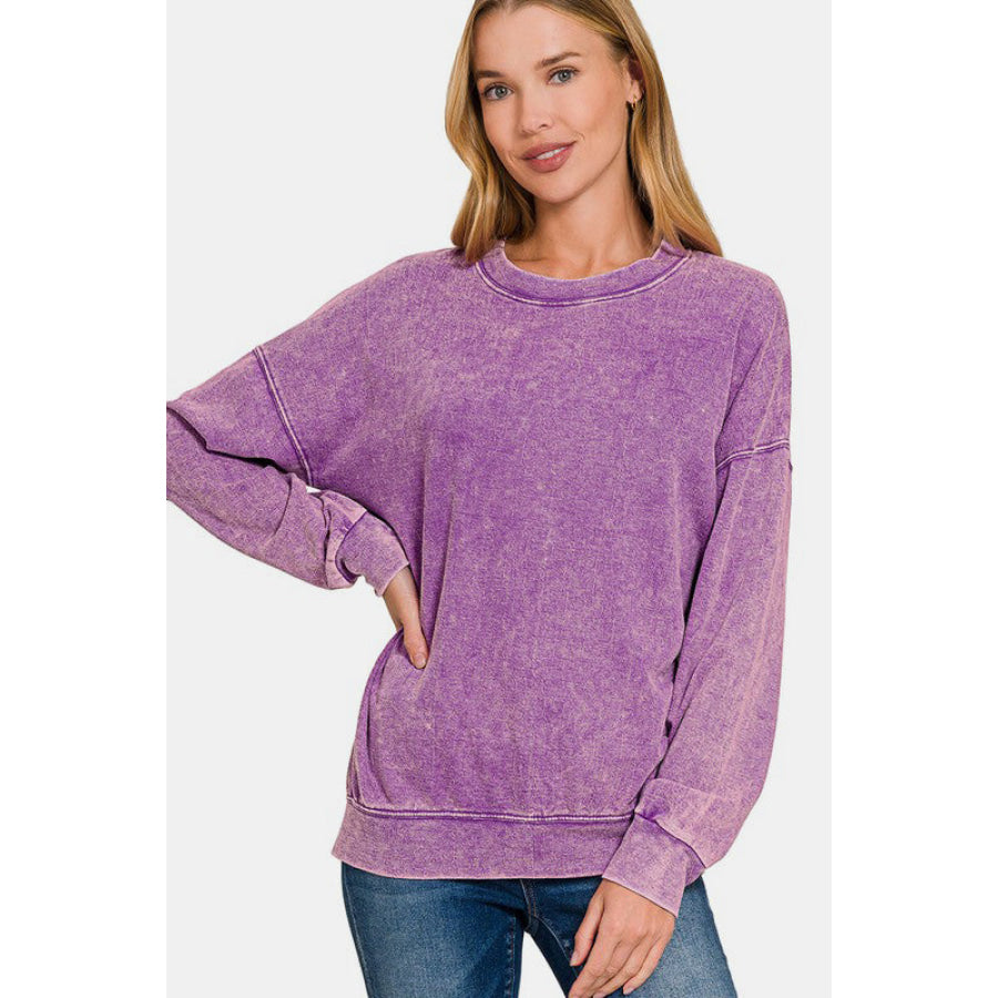 Zenana Washed Round Neck Dropped Shoulder Sweatshirt Apparel and Accessories