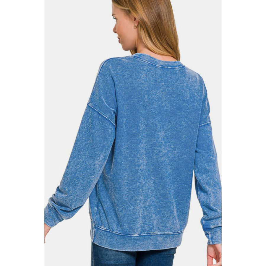 Zenana Washed Round Neck Dropped Shoulder Sweatshirt Apparel and Accessories