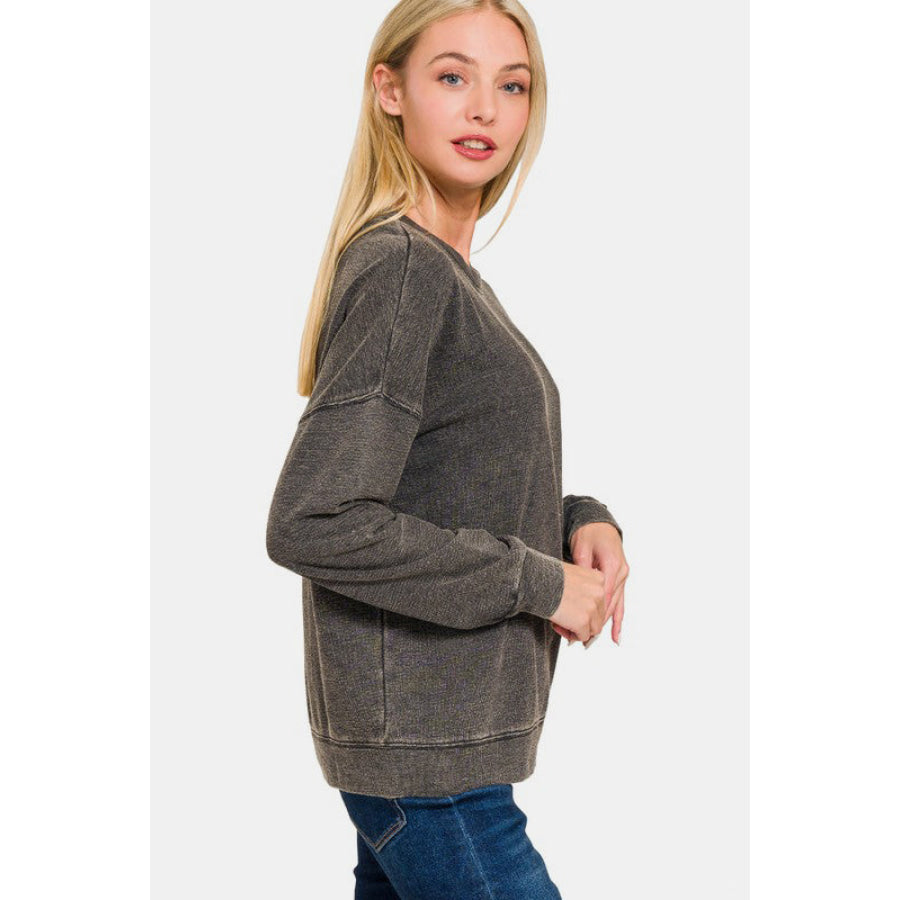 Zenana Washed Round Neck Dropped Shoulder Sweatshirt Apparel and Accessories