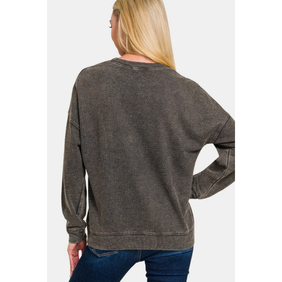 Zenana Washed Round Neck Dropped Shoulder Sweatshirt Apparel and Accessories