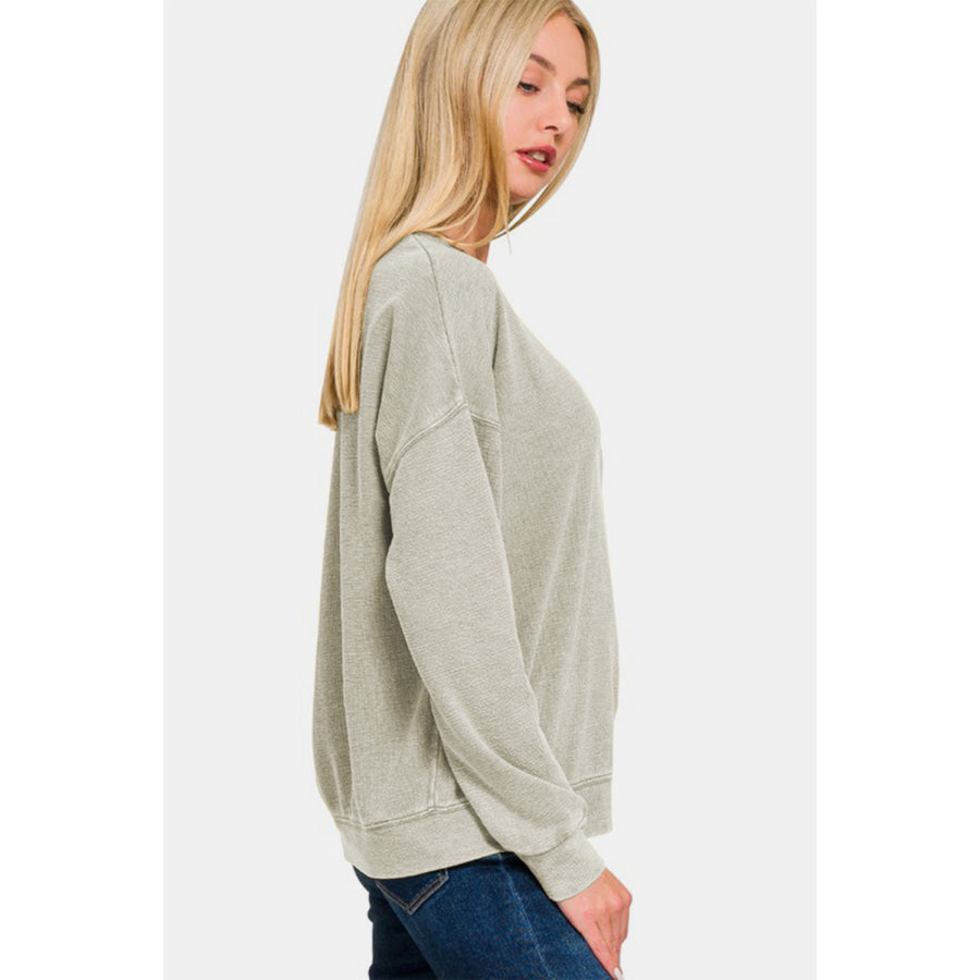 Zenana Washed Round Neck Dropped Shoulder Sweatshirt Apparel and Accessories