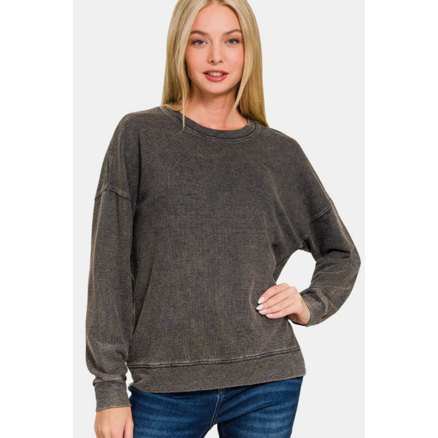 Zenana Washed Round Neck Dropped Shoulder Sweatshirt Black / S Apparel and Accessories