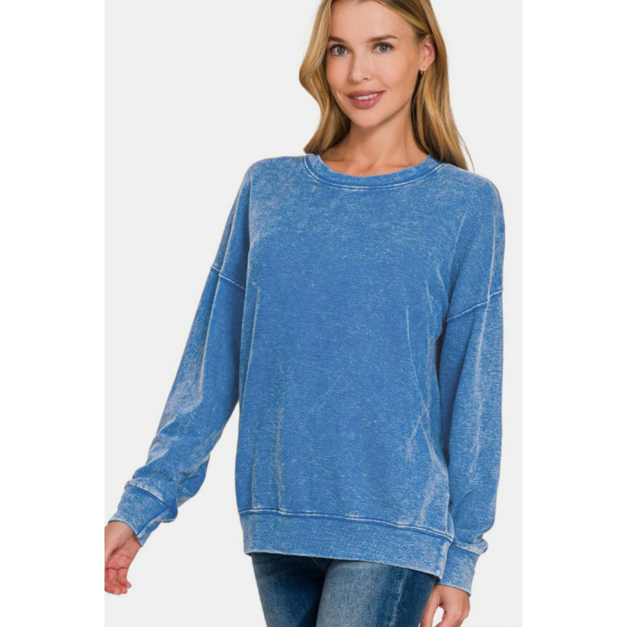 Zenana Washed Round Neck Dropped Shoulder Sweatshirt Blue / S Apparel and Accessories