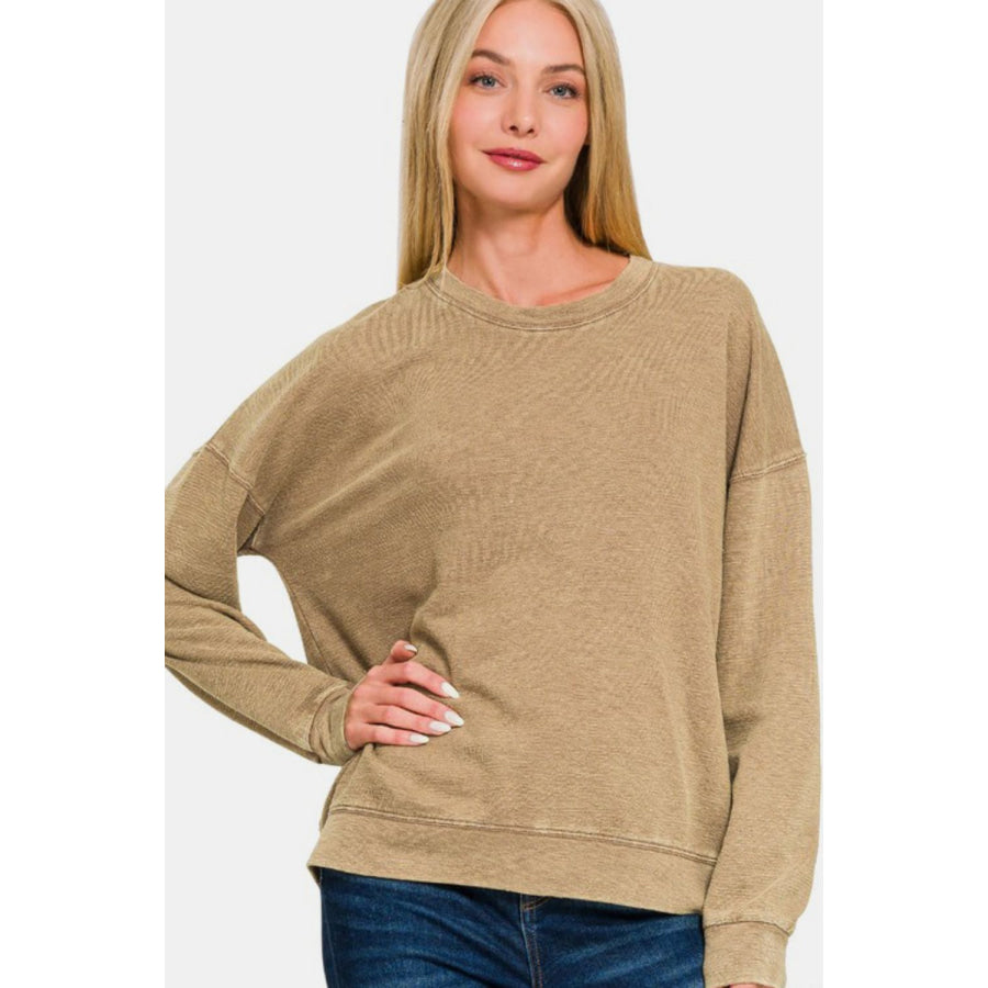 Zenana Washed Round Neck Dropped Shoulder Sweatshirt Camel / S Apparel and Accessories