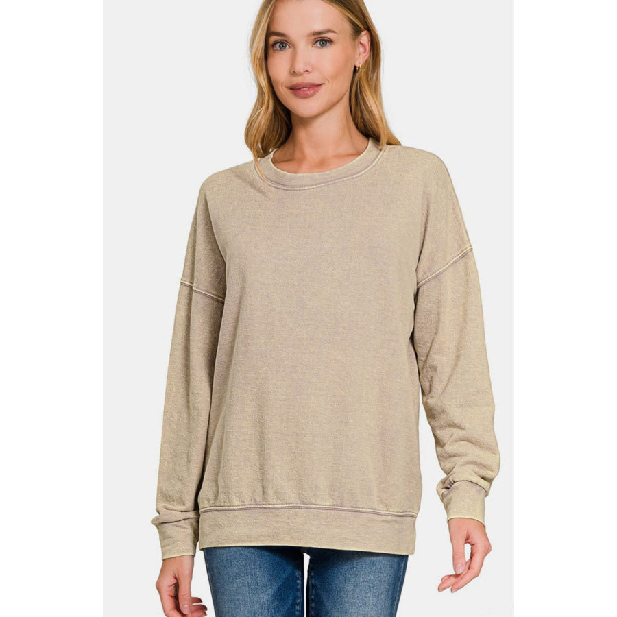 Zenana Washed Round Neck Dropped Shoulder Sweatshirt Khaki / S Apparel and Accessories