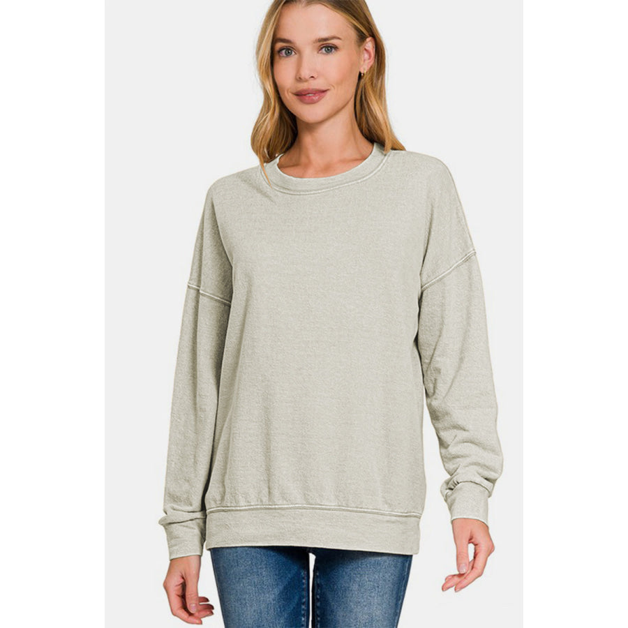 Zenana Washed Round Neck Dropped Shoulder Sweatshirt Lt Grey / S Apparel and Accessories