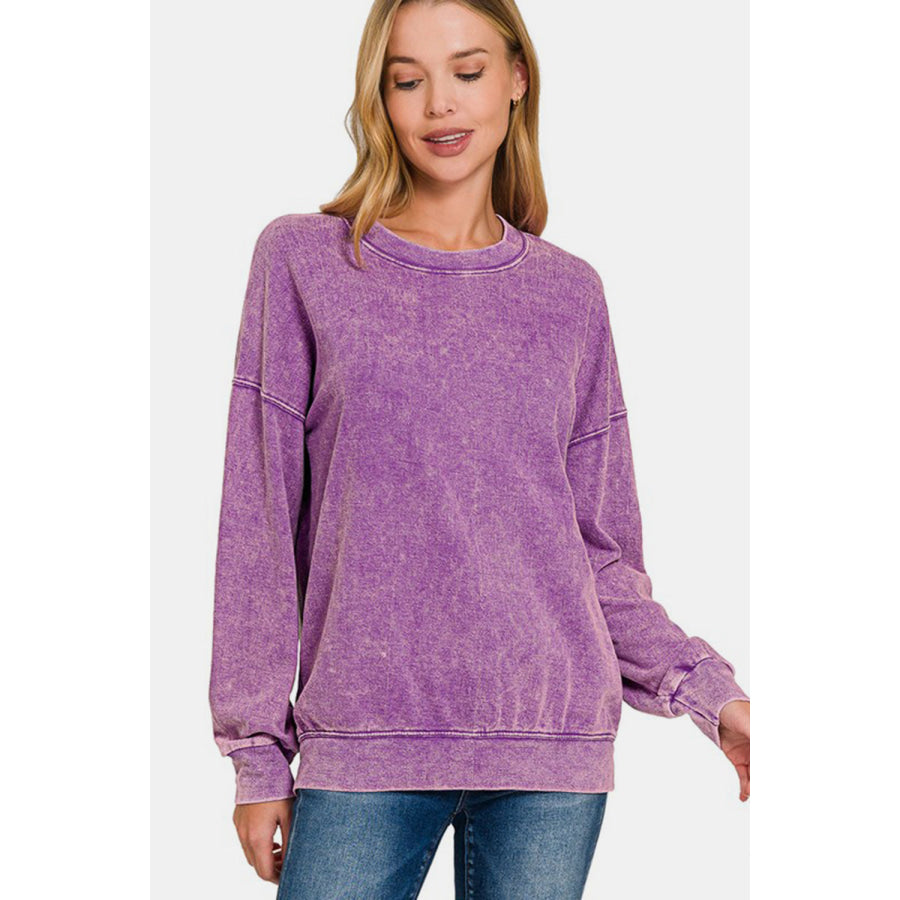 Zenana Washed Round Neck Dropped Shoulder Sweatshirt Violet / S Apparel and Accessories