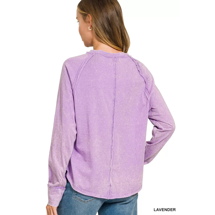 Zenana Washed Round Neck Long Sleeve Top Apparel and Accessories