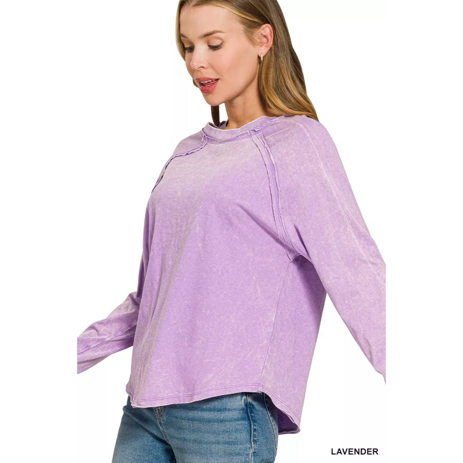 Zenana Washed Round Neck Long Sleeve Top LAVENDER / S Apparel and Accessories