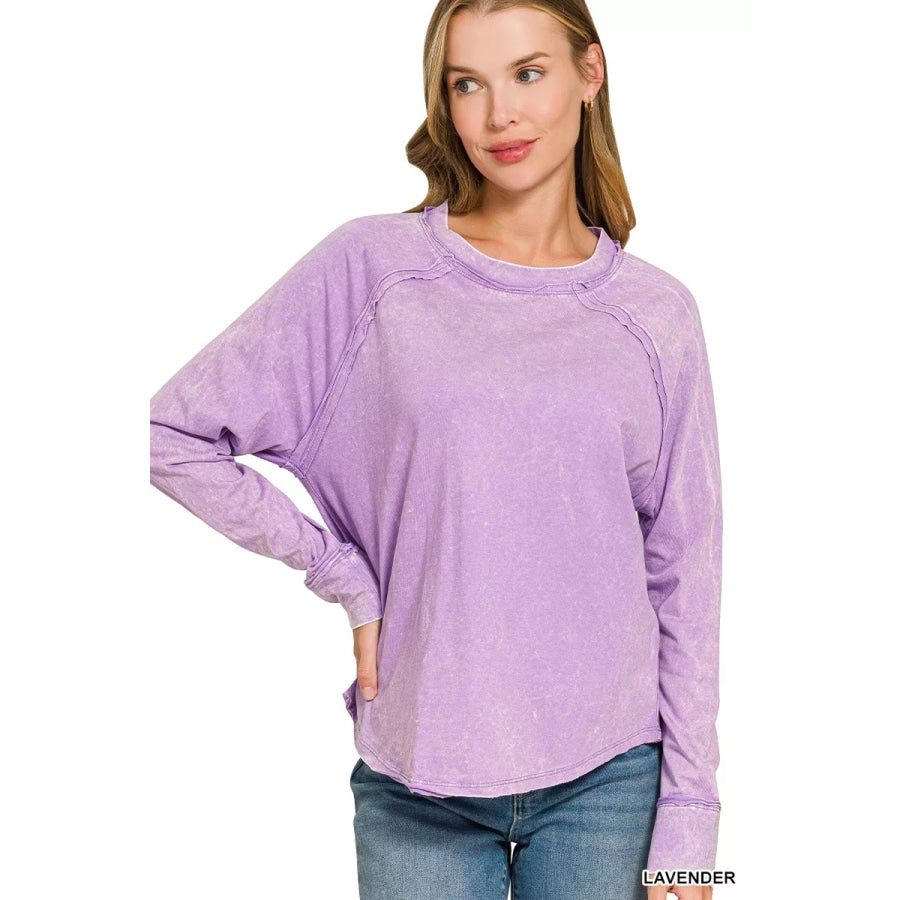 Zenana Washed Round Neck Long Sleeve Top LAVENDER / S Apparel and Accessories