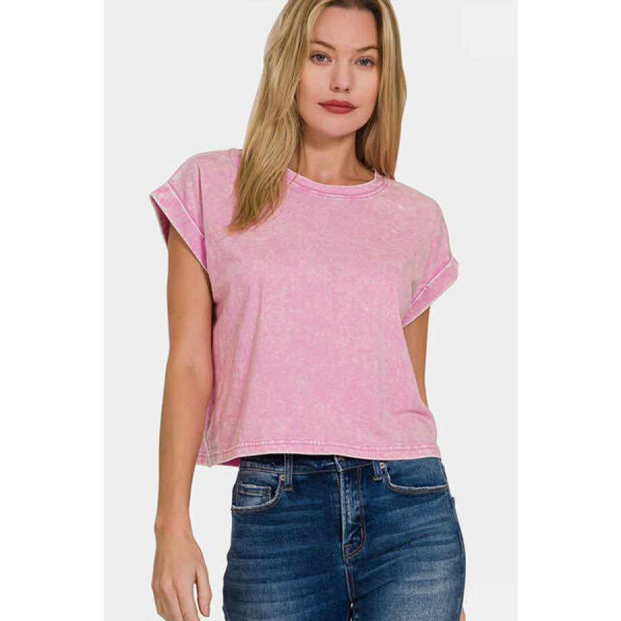 Zenana Washed Round Neck Rolled Short Sleeve Top Apparel and Accessories