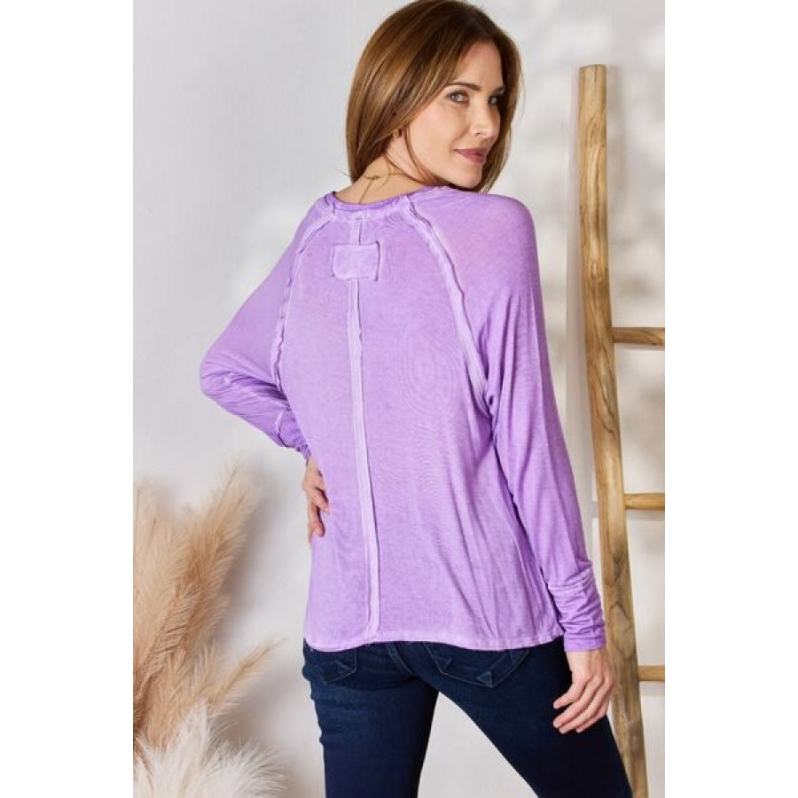 Zenana Washed Scoop Neck Long Sleeve Blouse B Lavender / S Clothing