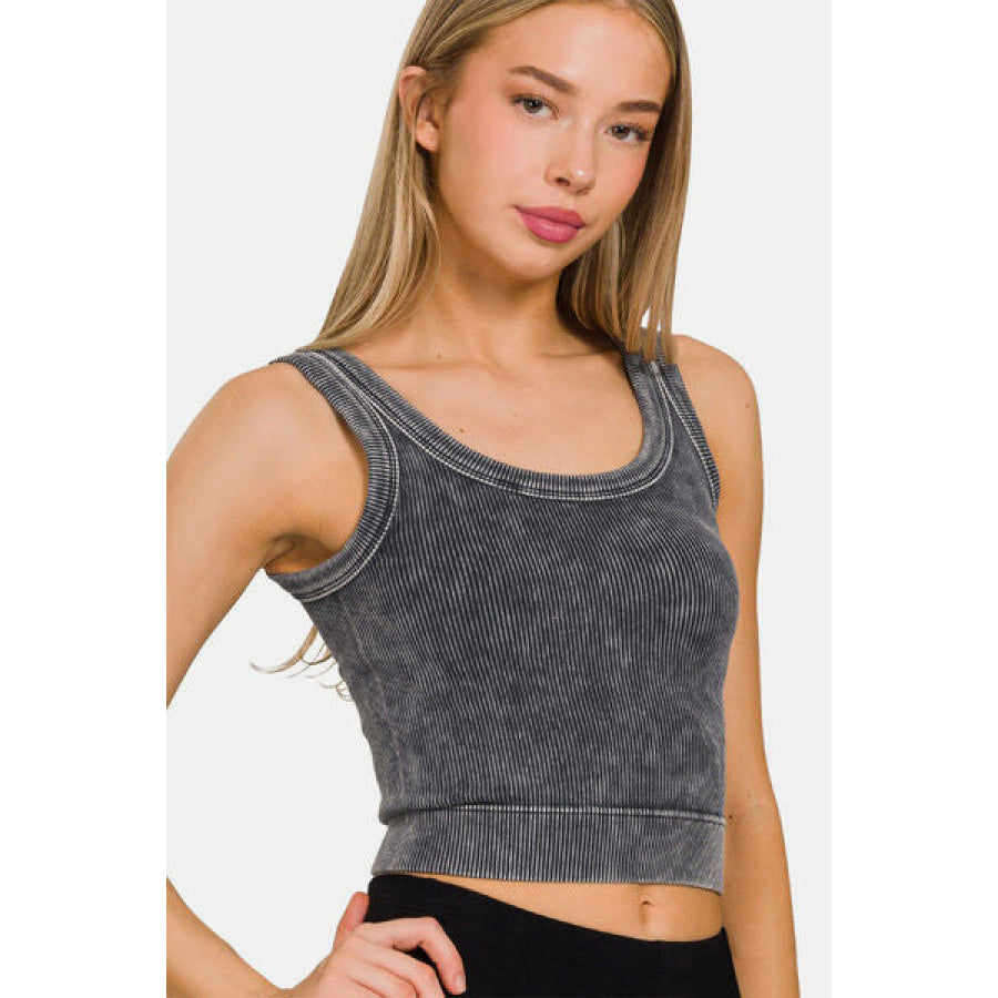 Zenana Washed Scoop Neck Wide Strap Tank ASHBLACK / S/M Apparel and Accessories
