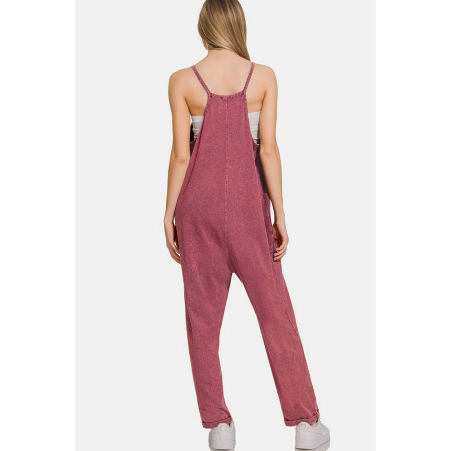 Zenana Washed Spaghetti Straps Overalls with Pockets Dk Burgundy / S/M Apparel and Accessories