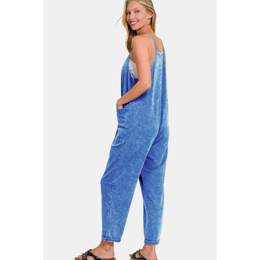 Zenana Washed Spaghetti Straps Overalls with Pockets Classic Blue / S/M Apparel and Accessories