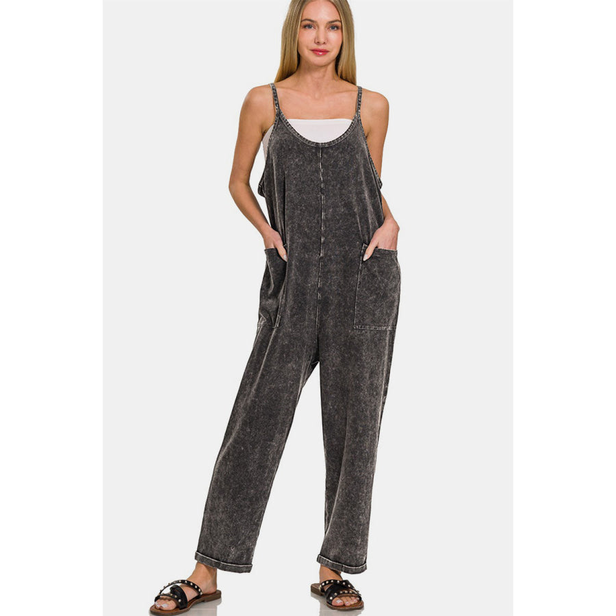 Zenana Washed Spaghetti Straps Overalls with Pockets Ash Black / S/M Apparel and Accessories