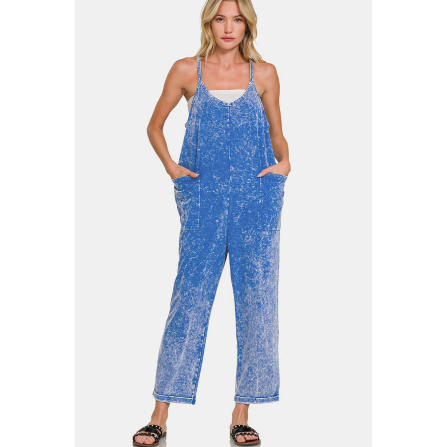 Zenana Washed Spaghetti Straps Overalls with Pockets Classic Blue / S/M Apparel and Accessories