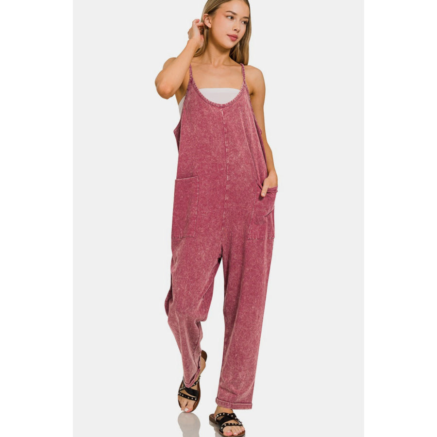 Zenana Washed Spaghetti Straps Overalls with Pockets Dk Burgundy / S/M Apparel and Accessories