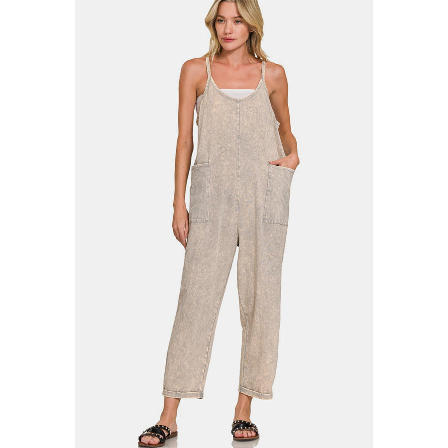 Zenana Washed Spaghetti Straps Overalls with Pockets Sleet / S/M Apparel and Accessories