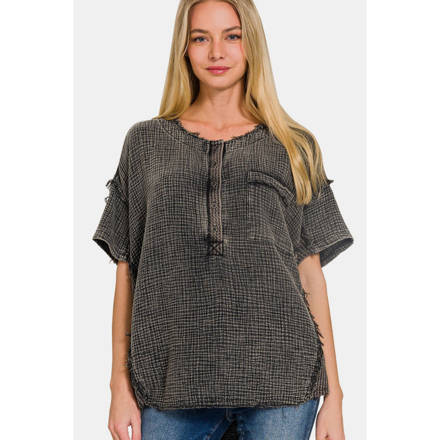 Zenana Washed Texture Half Button T - Shirt Apparel and Accessories