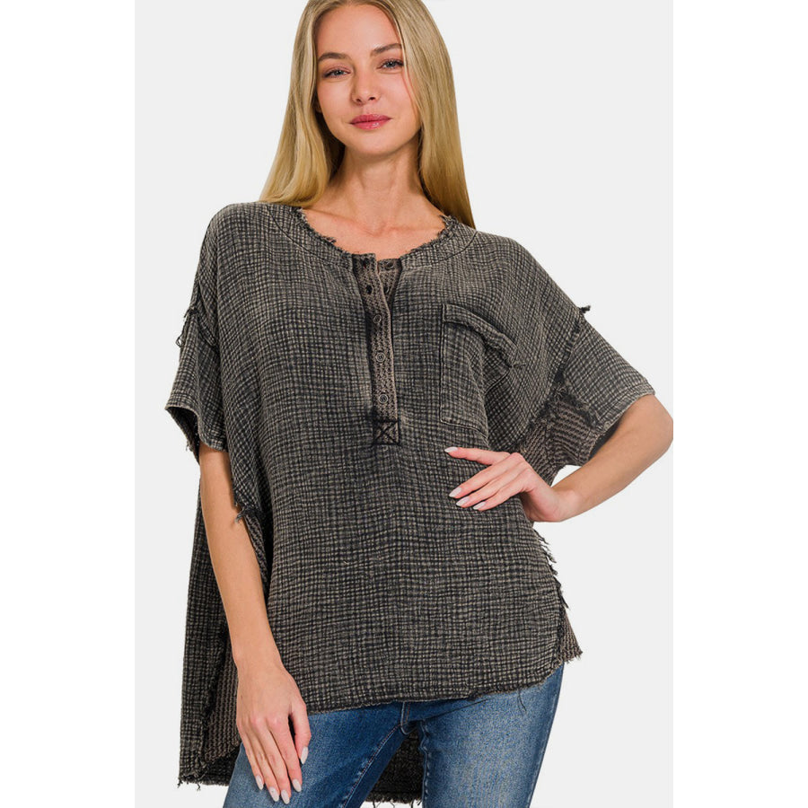 Zenana Washed Texture Half Button T - Shirt Ash Black / S/M Apparel and Accessories