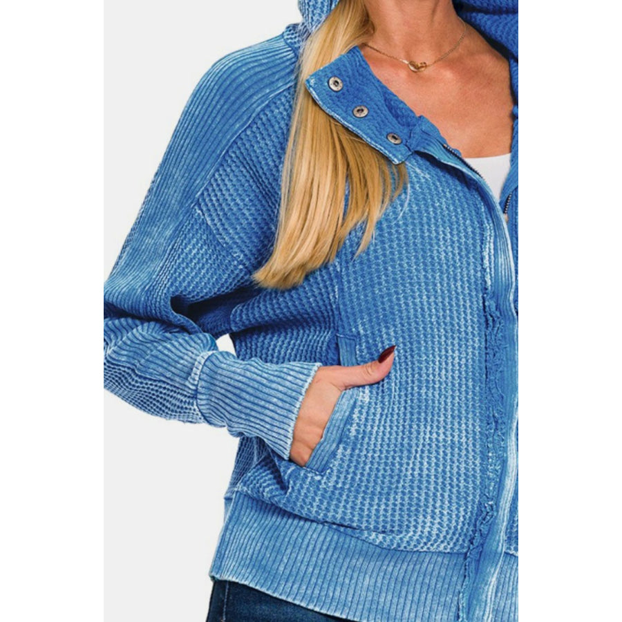 Zenana Washed Zip Up Hooded Jacket Apparel and Accessories