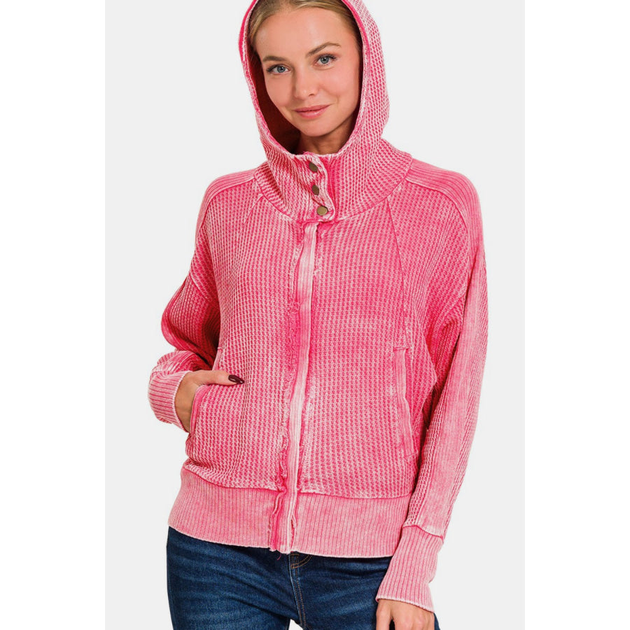 Zenana Washed Zip Up Hooded Jacket Apparel and Accessories