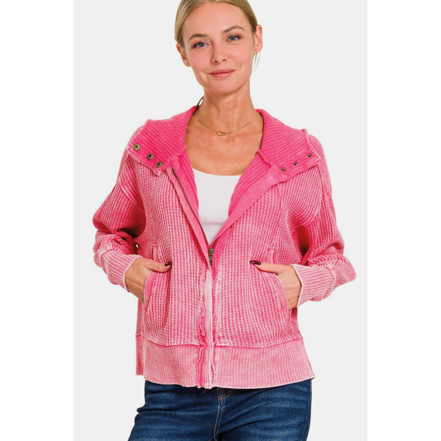 Zenana Washed Zip Up Hooded Jacket Fuchsia / S Apparel and Accessories