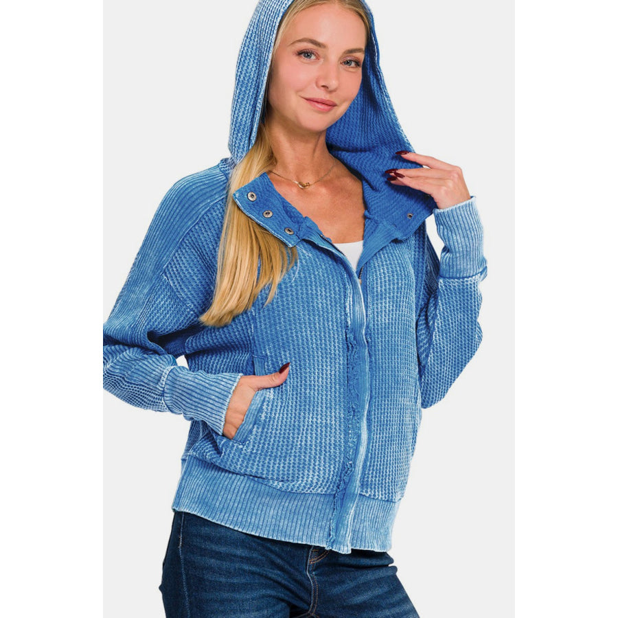 Zenana Washed Zip Up Hooded Jacket Ocean Blue / S Apparel and Accessories