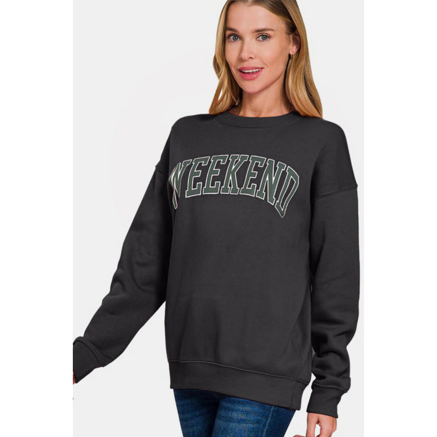 Zenana WEEKEND Round Neck Dropped Shoulder Sweatshirt Apparel and Accessories