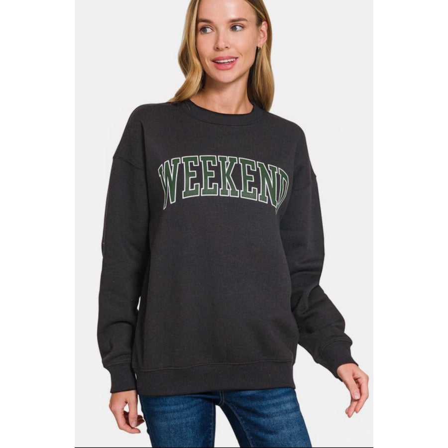 Zenana WEEKEND Round Neck Dropped Shoulder Sweatshirt Black / S Apparel and Accessories