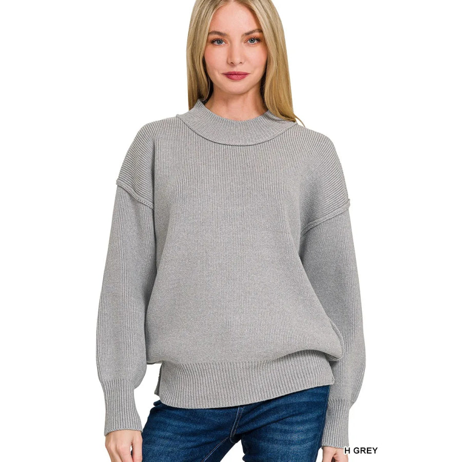 Zenana Wide Neckband Drop Shoulder Sweater H GREY / S Apparel and Accessories