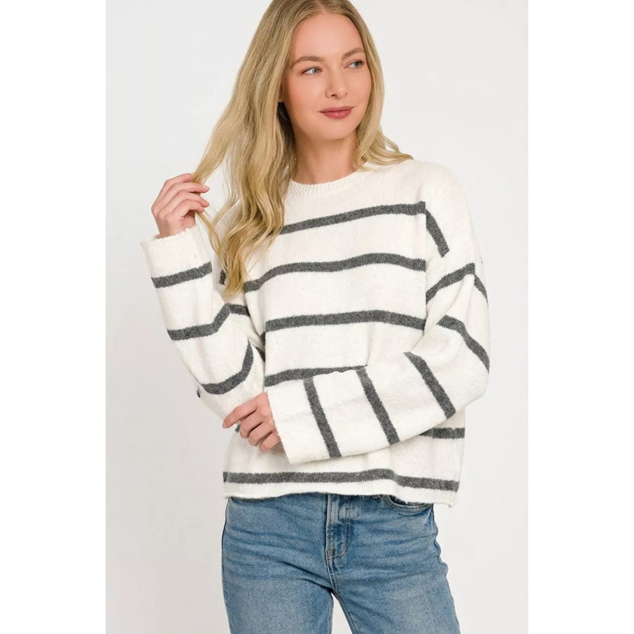 Zenana Wool Blend Striped Sweater Apparel and Accessories