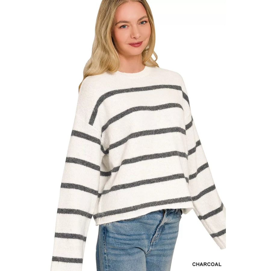 Zenana Wool Blend Striped Sweater CHARCOAL / S Apparel and Accessories