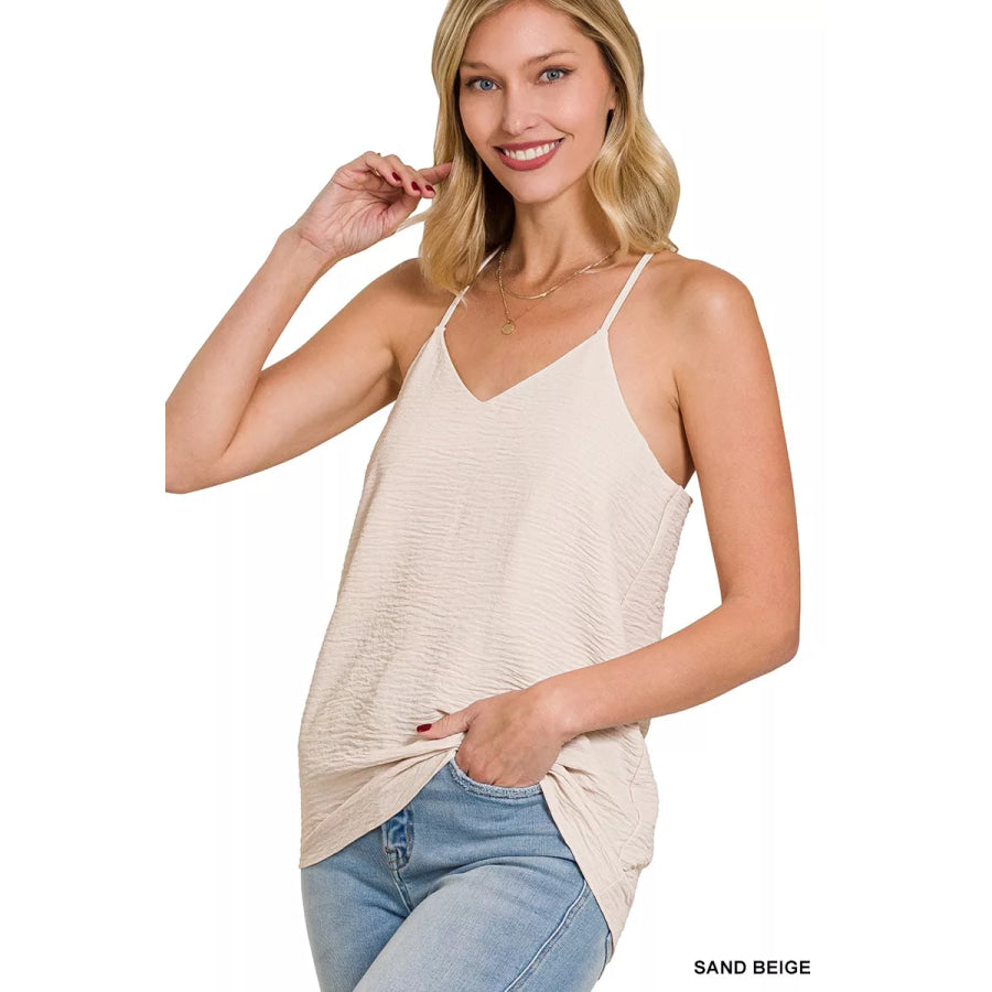 Zenana Woven Airflow Adjustable Strap V-Neck Cami SAND BEIGE / S Apparel and Accessories