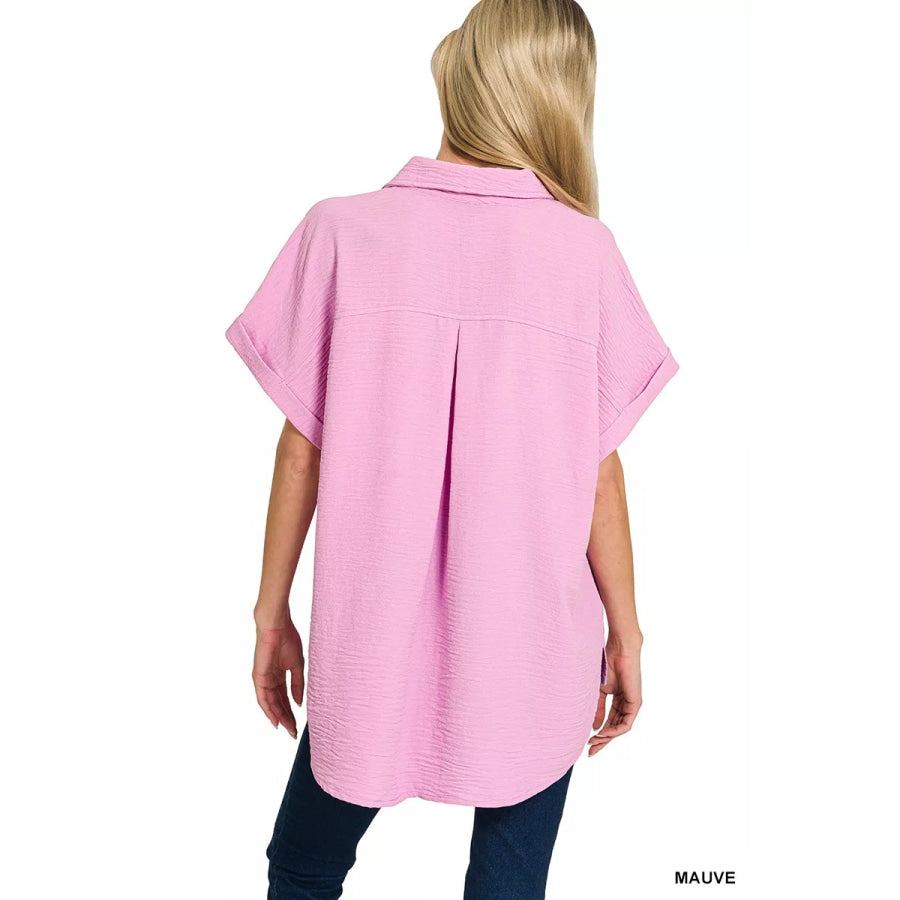 Zenana Woven Airflow Button Down Shirt Apparel and Accessories