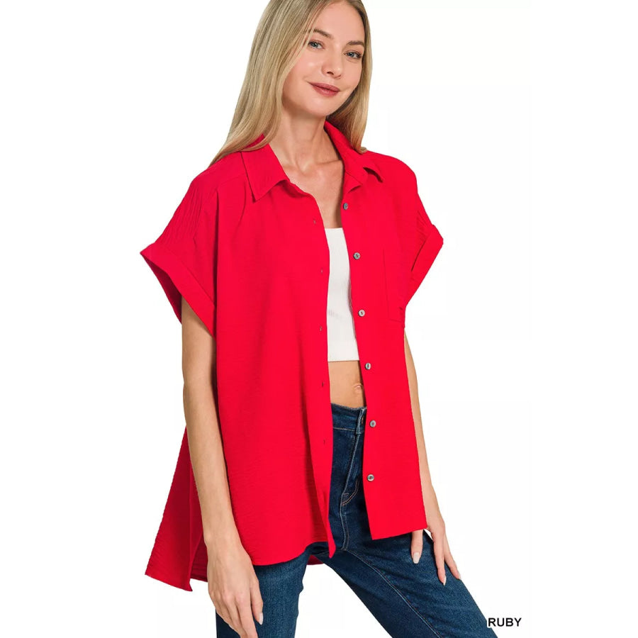 Zenana Woven Airflow Button Down Shirt Apparel and Accessories