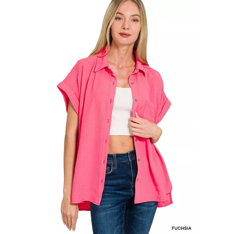 Zenana Woven Airflow Button Down Shirt Apparel and Accessories
