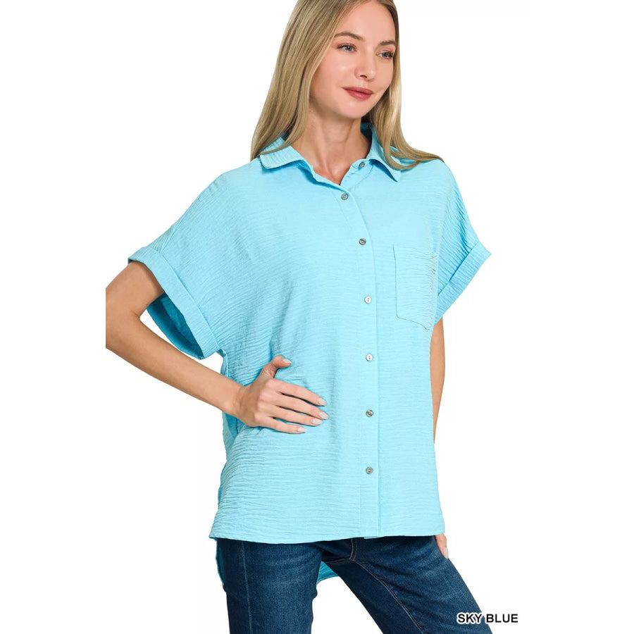 Zenana Woven Airflow Button Down Shirt Apparel and Accessories