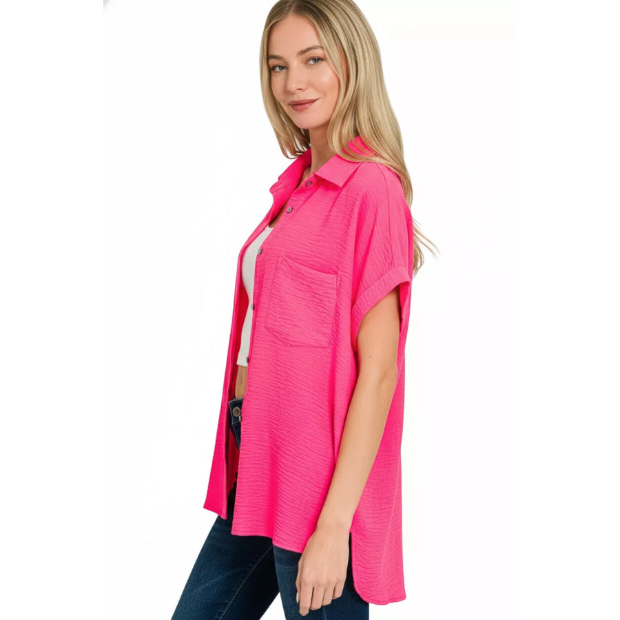 Zenana Woven Airflow Button Down Shirt HOT PINK / S Apparel and Accessories