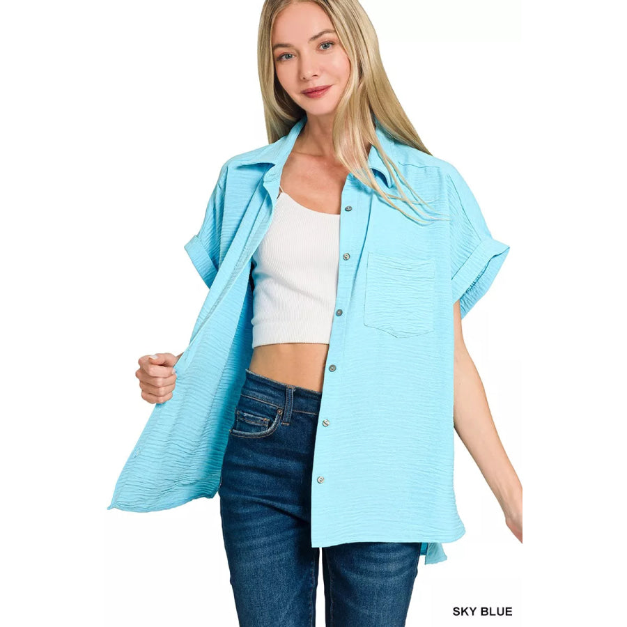 Zenana Woven Airflow Button Down Shirt Apparel and Accessories